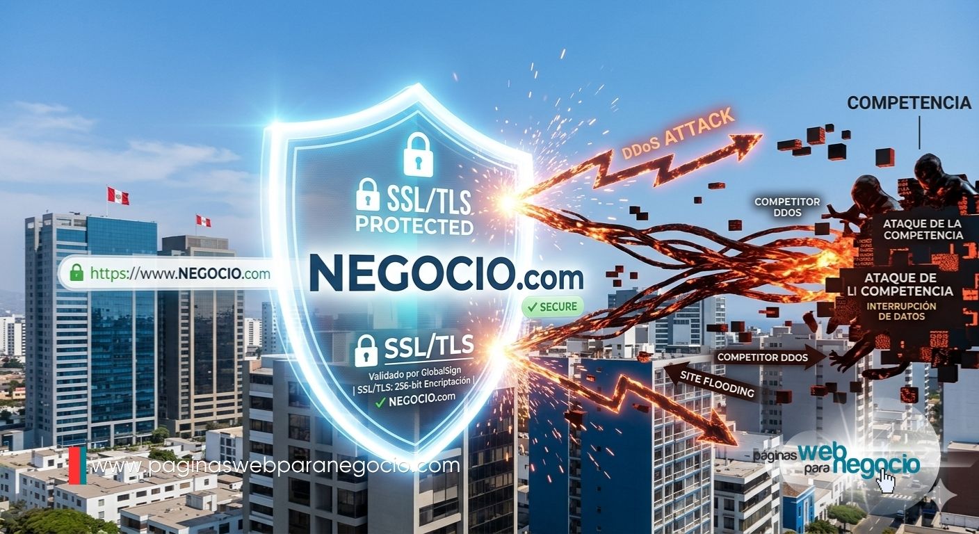Un candado digital protegiendo un nombre de dominio .com y .pe frente a un ataque de competencia.