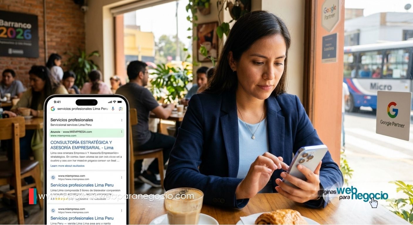 Cliente buscando servicios profesionales en Google desde su celular y encontrando una web corporativa.