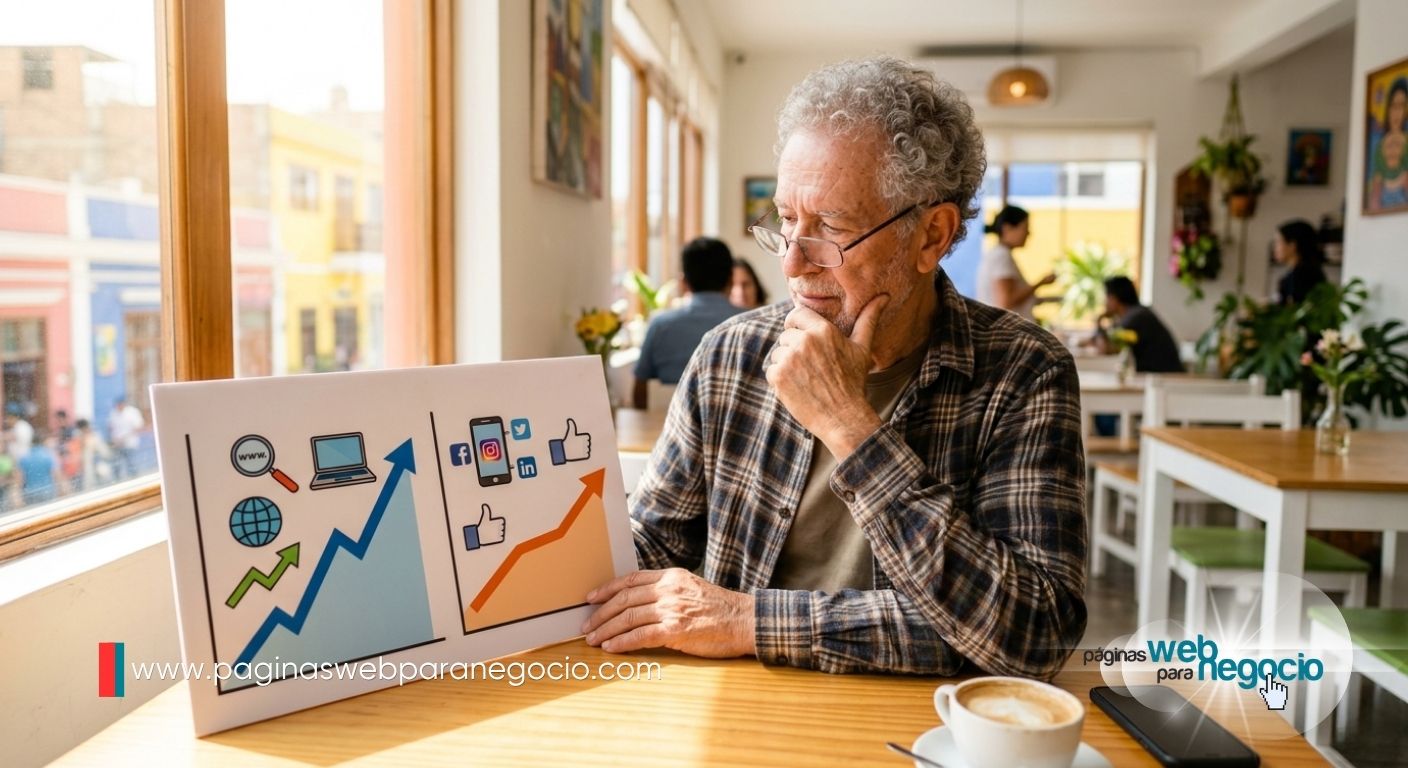 Gráfico de crecimiento de ventas comparando un negocio con web frente a uno que solo usa redes sociales.
